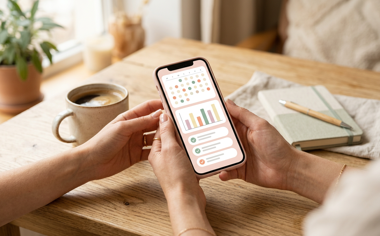 Mãos segurando o celular com o App Meu Planner de Gravações aberto: calendário, gráfico e tarefas